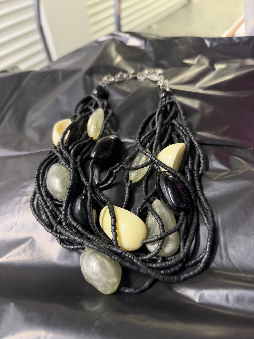 Chico's Multistrand Black Necklace with Cream and Gray Accents